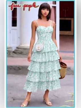 NWT Free People x Desert Queen Cleo Bustier Tiered Ruffles Dress Aqua/Cream